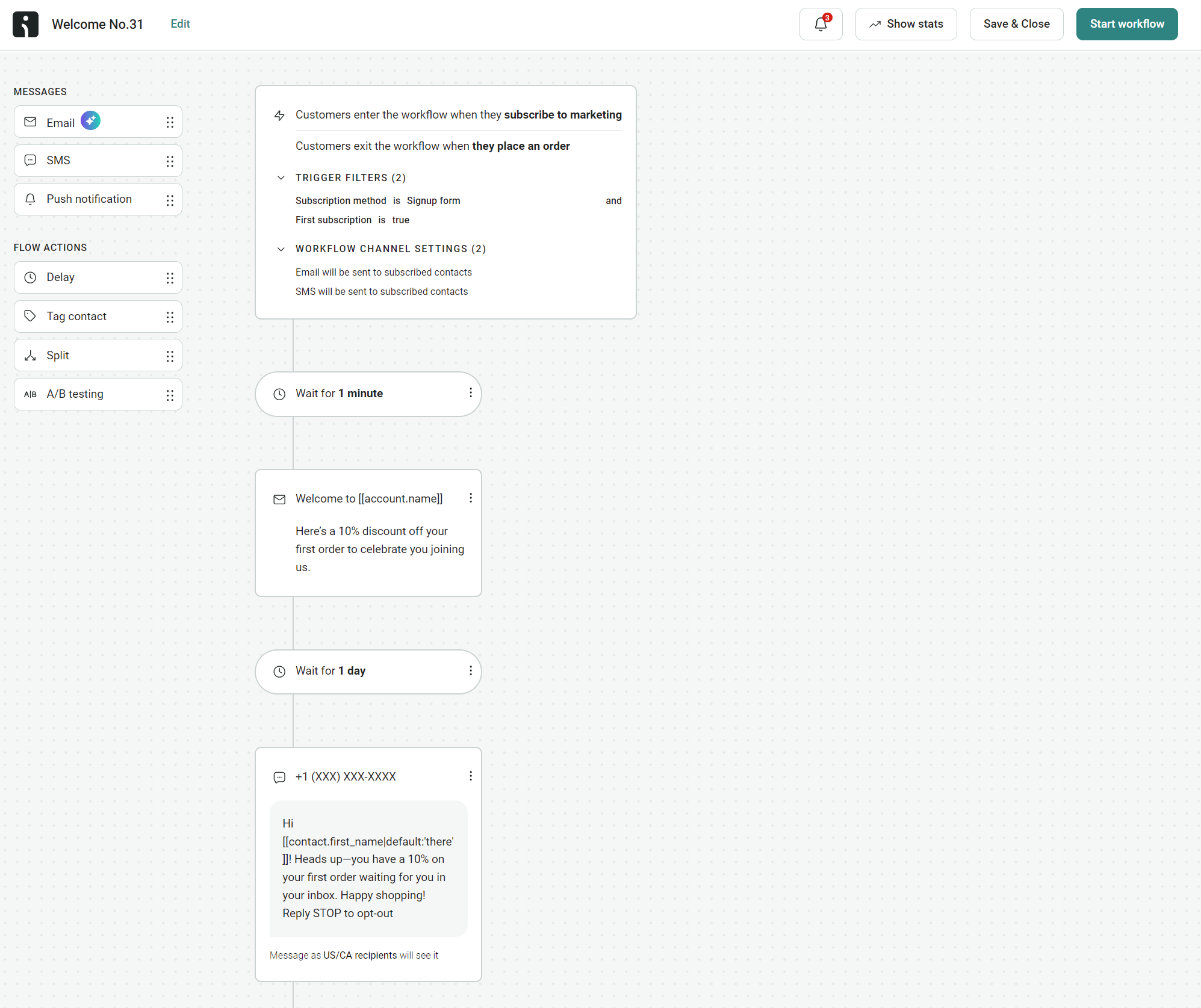 SMS marketing for travel agencies: A workflow automation screen showing a sequence: customers enter after subscribing to marketing, followed by filters, a 1-minute wait, a welcome message with a discount, a 1-day wait, and an SMS about a 10% offer.