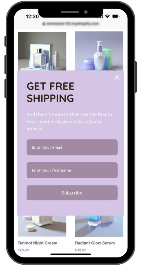 Popup timing: A mobile phone screen displays an online shop with a pop-up offering free shipping. The pop-up asks for an email and first name to subscribe, partially covering images of skincare products.