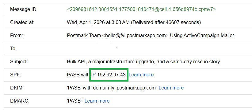 Email blacklist: Email header details showing message ID, date, sender, subject, and authentication results. A green box highlights the SPF result: PASS with IP 192.92.97.43. Other fields show DKIM and DMARC as PASS.