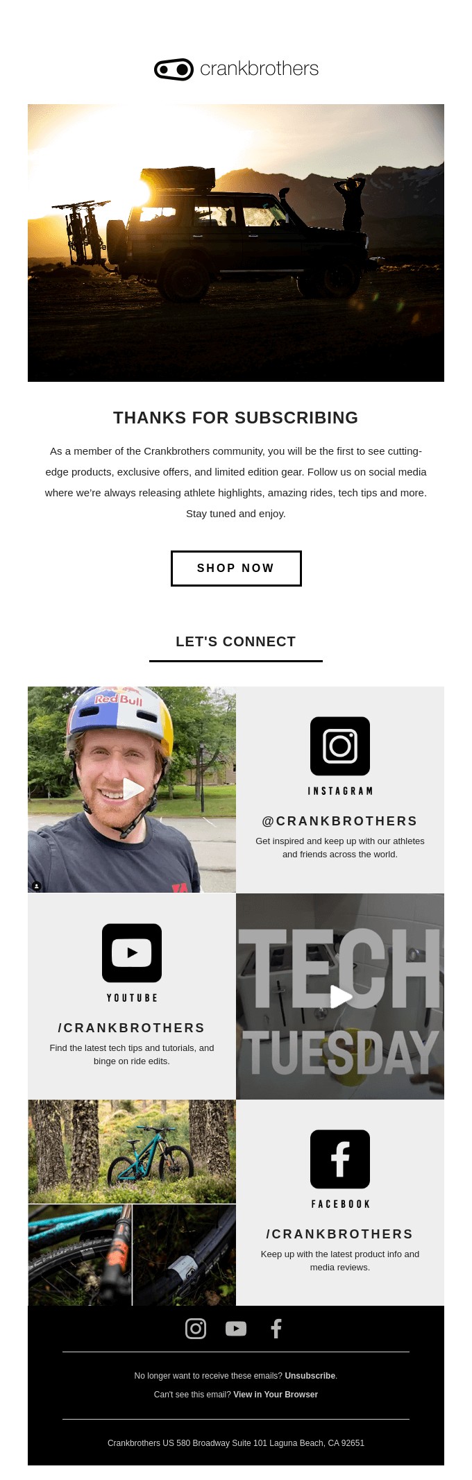 Thank you for subscribing: A Crankbrothers email shows a mountain biker at sunset, a smiling cyclist selfie, and social media icons for Instagram, YouTube, and Facebook, inviting users to shop and connect online.