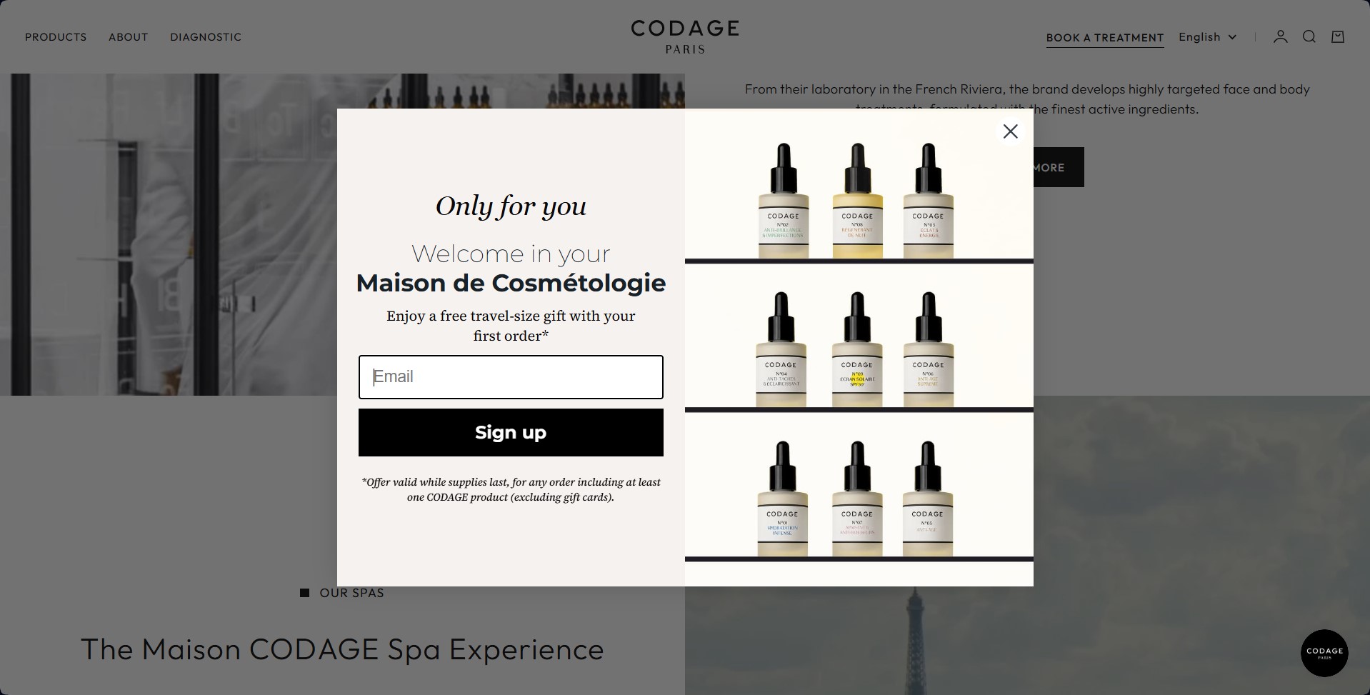 Popup timing: A website pop-up offers a free travel-size gift on first order for signing up. Next to the offer are images of seven dropper bottles of CODAGE skincare products arranged in two columns.