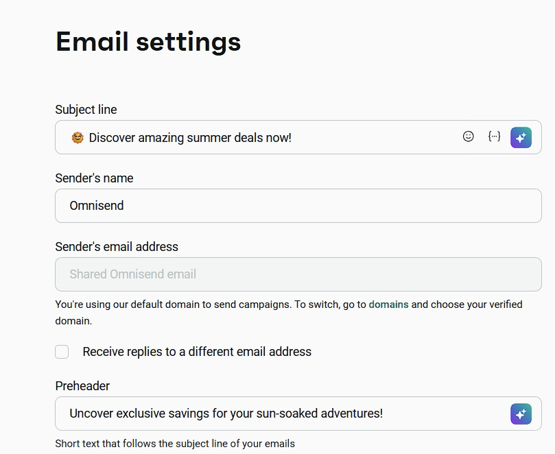 Email a/b testing: Screenshot of an email settings page showing fields for Subject line, Sender’s name, Sender’s email address, and Preheader. Example text promotes summer deals and exclusive savings from Omnisend.