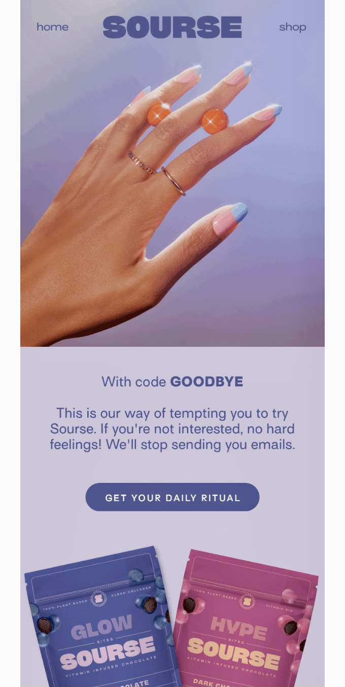Email marketing: A hand with pastel blue and pink manicured nails holds two round orange supplements. Text offers a discount code GOODBYE to try Sourse and shows two Sourse supplement packages in blue and pink at the bottom.