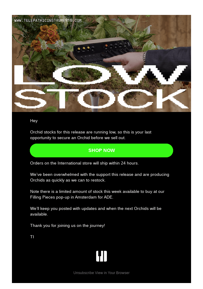 WooCommerce low stock notification email: A promotional email with an image of a hand holding an Orchid and a black remote. Large white text reads LOW STOCK. Below is a message urging customers to buy Orchids before they sell out, with a green SHOP NOW button.