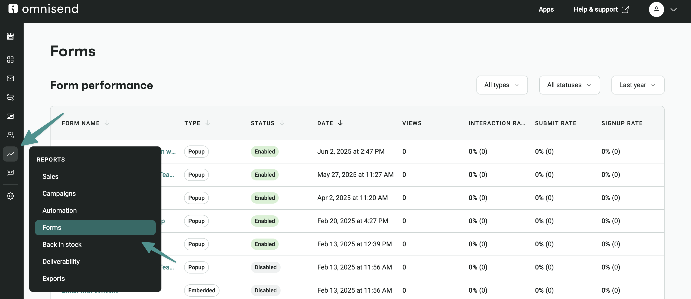 Marketing reports: A dashboard from Omnisend displays a list of forms with details like type, status, date, and interaction stats. An open sidebar menu highlights “Forms,” and two arrows point to the menu and a selected item on the page.