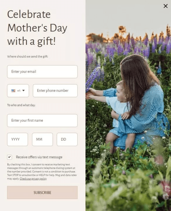 Mother's day popups: A woman and young child sit together in a field of purple flowers. On the left, a form invites users to subscribe for Mother’s Day gift offers by entering their email, phone, and birthdate.