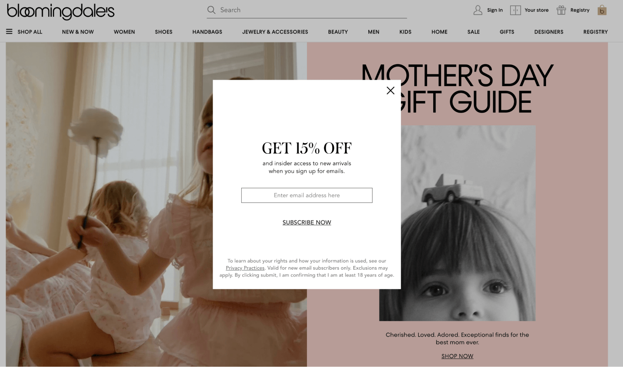 Mother's day popups: A pop-up window offering 15% off and email sign-up appears on the Bloomingdales website, partially covering a Mothers Day gift guide banner with two young children holding hands in a softly lit room.