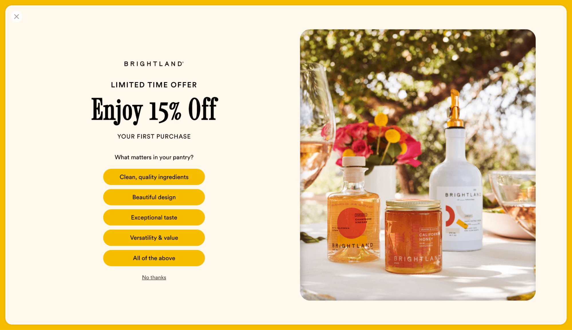 Mother's day popups: A promotional offer from Brightland offers 15% off your first purchase. On the right, bottles of Brightland oils and vinegars are displayed outdoors on a table with glasses and flowers in the background.