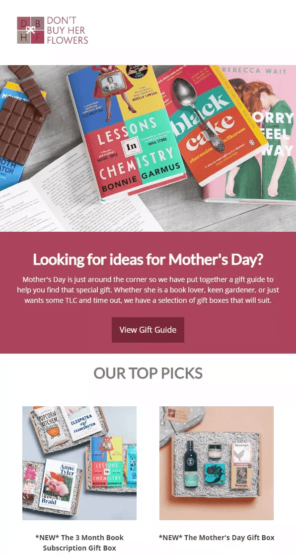 Mother's Day email examples: A promotional webpage for “Don’t Buy Her Flowers” features book and gift box images, a banner suggesting gift ideas for Mother’s Day, and photos of two top gift box picks with snacks, drinks, and self-care items.