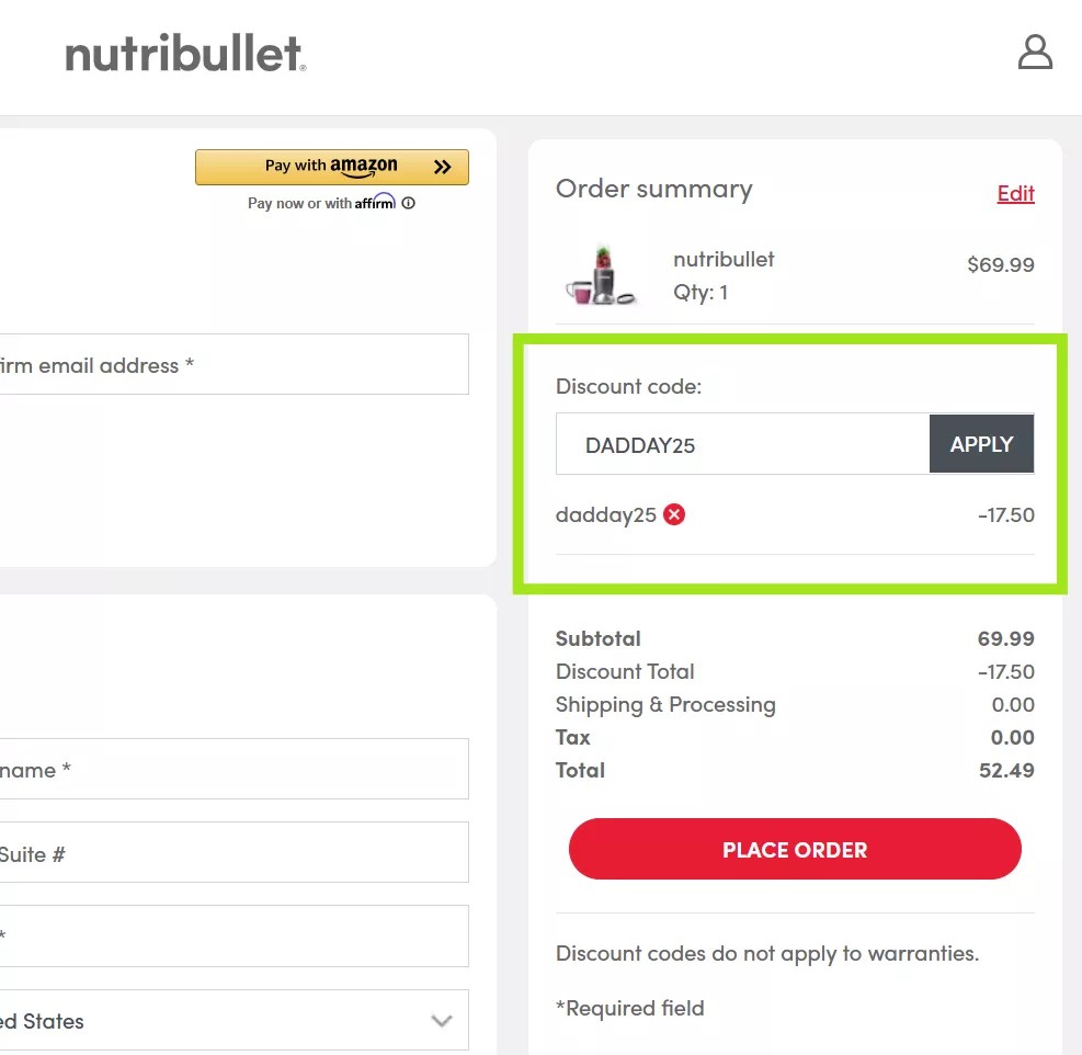 How to create coupon code in WooCommerce: Screenshot of a Nutribullet online checkout page showing a discount code “DADDAY25” applied, reducing the total from $69.99 to $52.49. The “PLACE ORDER” button is visible beneath the order summary.
