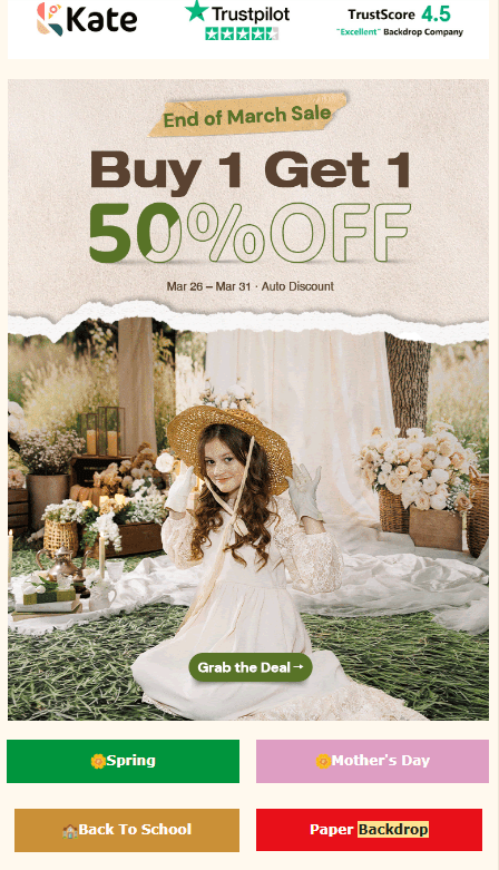 Email automation: A woman in a white dress and hat sits on a blanket in a flowery garden setting. Text reads: End of March Sale. Buy 1 Get 1 50% OFF. Mar 26 – Mar 31. Auto Discount. Buttons for Spring, Mother’s Day, Back to School, and Paper Backdrop.