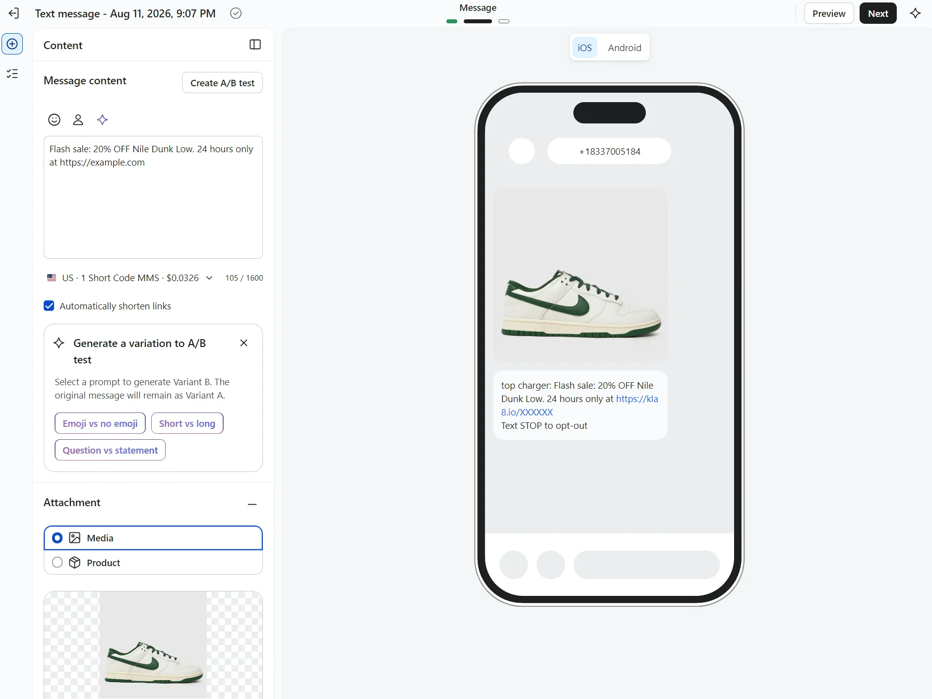 Klaviyo SMS: A phone screen displays a promotional text with an image of a white and green Nike Dunk Low sneaker and a message about a 20% off flash sale.