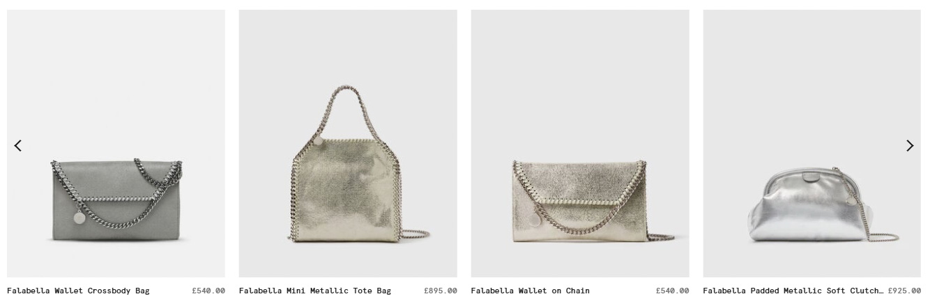 Most profitable products to sell online: Four metallic handbags are displayed against a plain background: a crossbody bag, a mini tote bag, a wallet on chain, and a padded metallic soft clutch, each with chain trim and labeled prices beneath.