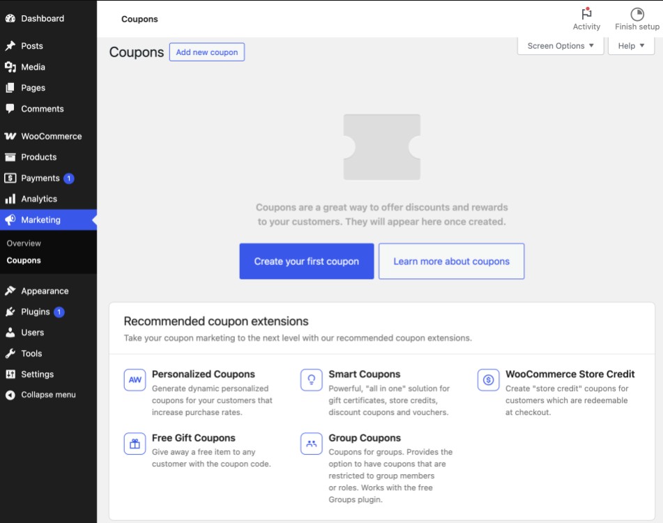 How to create coupon code in WooCommerce: A WordPress WooCommerce dashboard is open to the “Coupons” page, showing options to create a new coupon, learn about coupons, and a list of recommended coupon extensions with brief descriptions.