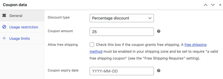How to create coupon code in WooCommerce: A screenshot of a Coupon data form showing options for discount type (set to Percentage discount), coupon amount (set to 25), an optional free shipping checkbox, and a field for coupon expiry date.