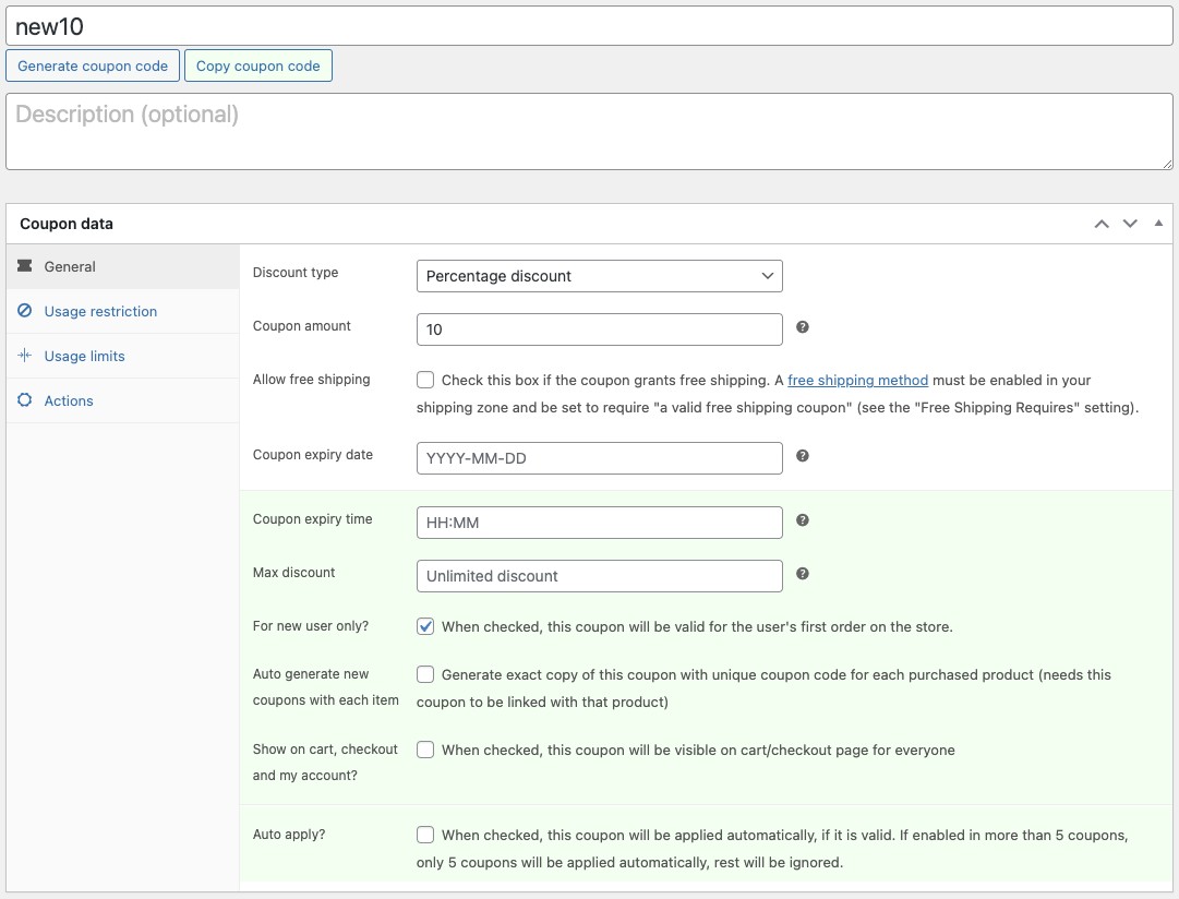 How to create coupon code in WooCommerce: A coupon creation form on a website displays fields for coupon code, description, discount type, amount, expiry date, and multiple checkboxes for additional options like free shipping and usage limits.