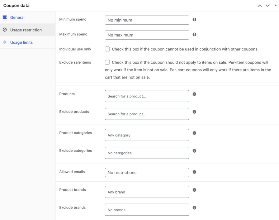 How to create coupon code in WooCommerce: A screenshot of a Coupon data settings page showing fields for minimum and maximum spend, usage restrictions, individual use, excluded sale items, products, categories, emails, and brands.