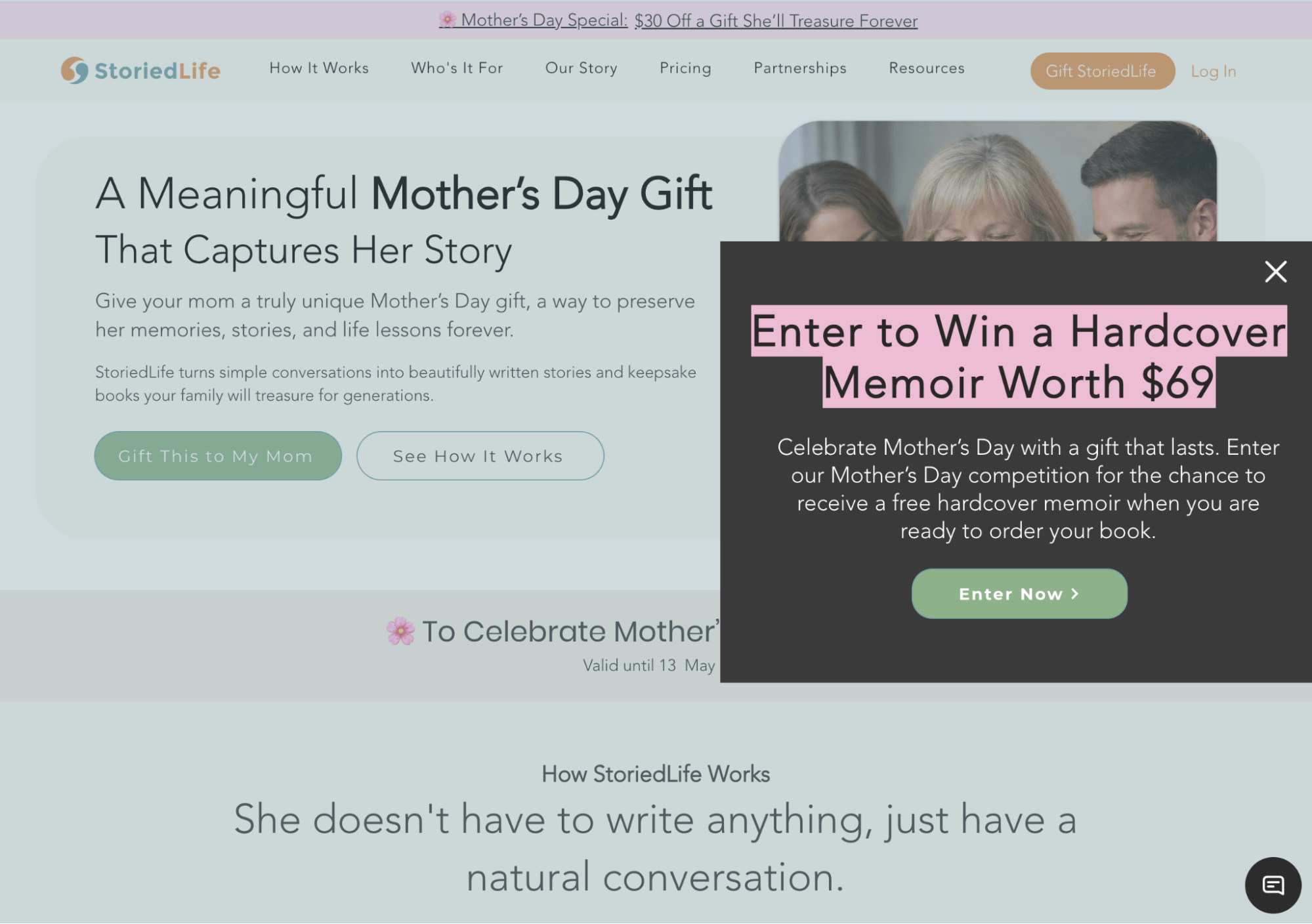 Mother's day popups: Screenshot of a website offering Mother’s Day gifts, featuring a popup box that says, Enter to Win a Hardcover Memoir Worth $69! and inviting users to enter a contest to win a free memoir.