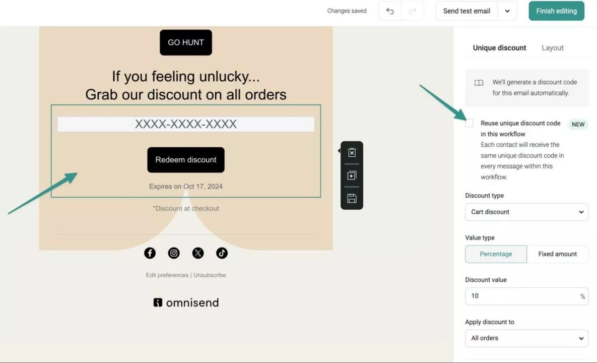 How to create coupon code in WooCommerce: A digital discount code creation interface shows a discount code entry box, a “Redeem discount” button, and settings for generating unique codes and configuring discount details on the right panel.