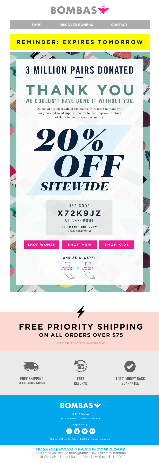 Coupon email: A promotional email from Bombas offers 20% off sitewide with code X72K9JZ, highlights 3 million pairs donated, and features free priority shipping on orders over $75. Buttons for shopping women, men, and kids included.