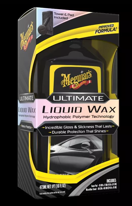 Most profitable products to sell online: Meguiar’s Ultimate Liquid Wax packaging, featuring a black bottle with yellow accents. Text highlights hydrophobic polymer technology, improved formula, and includes a towel and pad. A shiny car is pictured at the bottom.