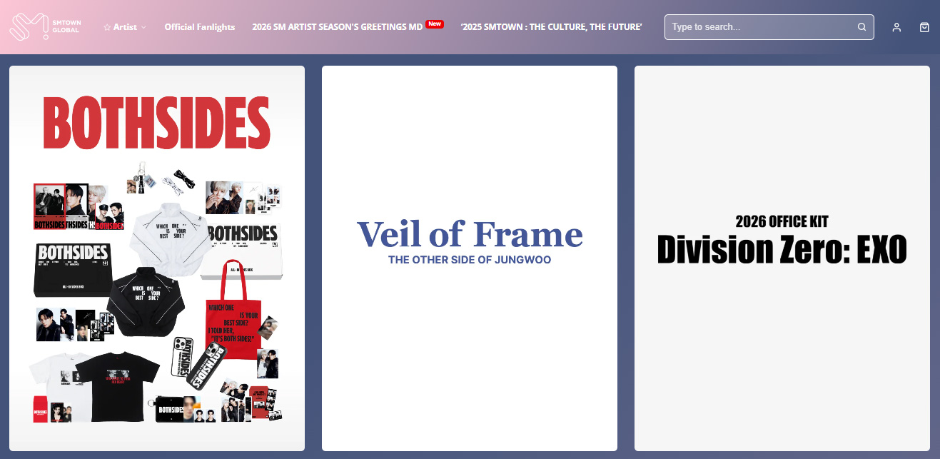 Most profitable products to sell online: A website page displays three large panels: the first shows BTHSIDES merchandise with photos and items, the second has the text Veil of Frame: The Other Side of Jungwoo, and the third reads 2026 OFFICE KIT Division Zero: EXO.