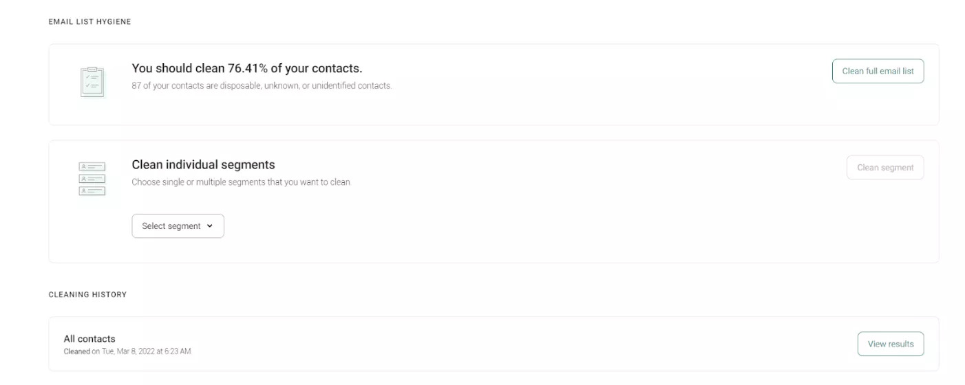 Email bounce: A dashboard showing email list hygiene recommendations. It suggests cleaning 76.41% of contacts due to many unknown or unverified addresses, offers options to clean segments, and displays a previous cleaning history entry.