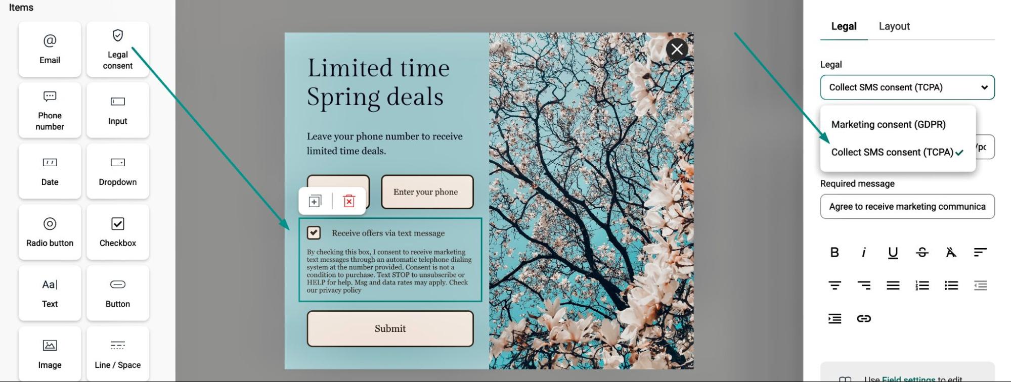 SMS regulations: A website builder interface showing a form for Limited time Spring deals with fields for a phone number and checkbox consent. Side panels display form elements and legal consent options for messages. A flowering tree image is in the background.