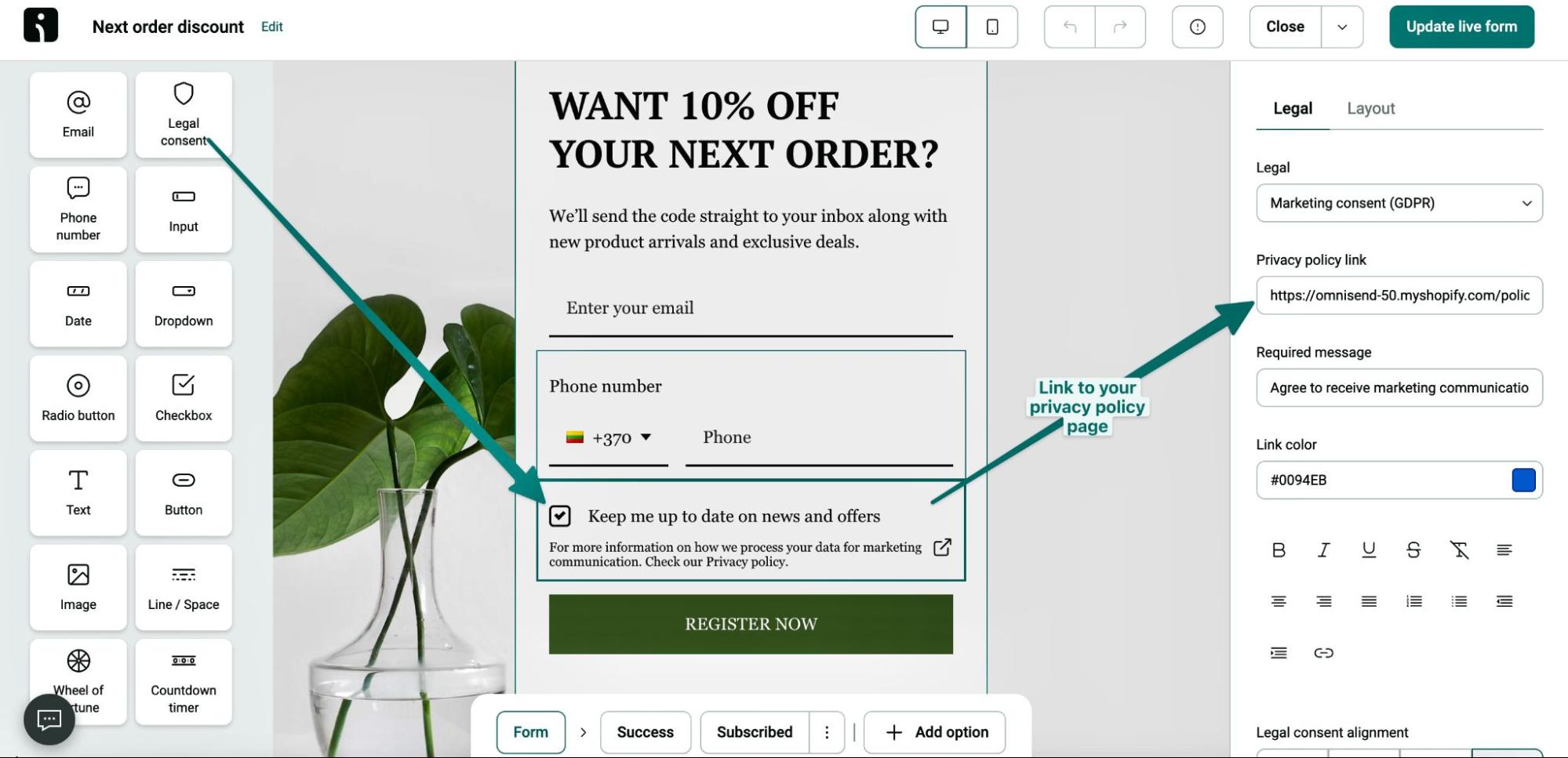 SMS regulations: Screenshot of an email sign-up form editor. Arrows highlight the phone number field and a privacy policy link. Editing tools and options for form text, color, and legal settings appear on the right side of the screen.