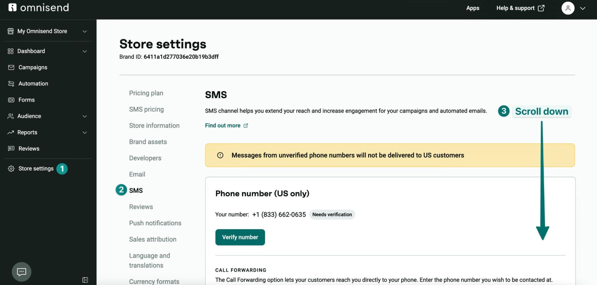 SMS regulations: Omnisend Store Settings page open to the SMS section, showing a warning about unverified phone numbers and a large arrow with text saying Scroll down on the right side of the screen.