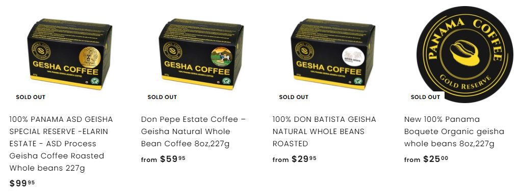 Most profitable products to sell online: Four boxes of Panama Geisha coffee products are displayed in a row, each labeled as sold out, with prices ranging from $25 to $99. A round Panama Coffee Gold Reserve logo is on the right.