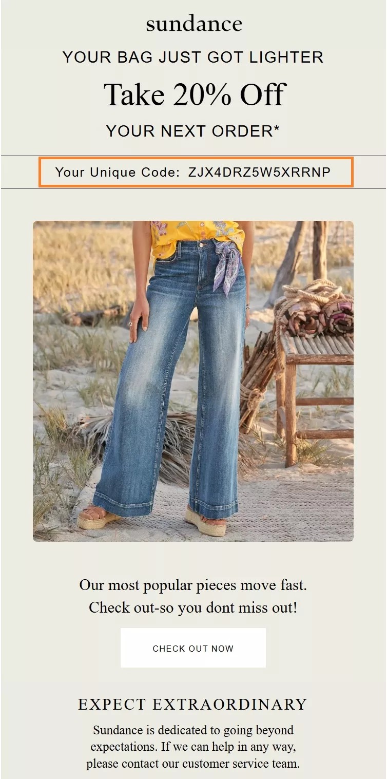 How to create coupon code in WooCommerce: A promotional ad for Sundance offers 20% off your next order with the code ZJX4DRZ5W5XRRNP. It shows a woman in wide-leg jeans and a yellow top, with a “Check out now” button and a rustic outdoor background.