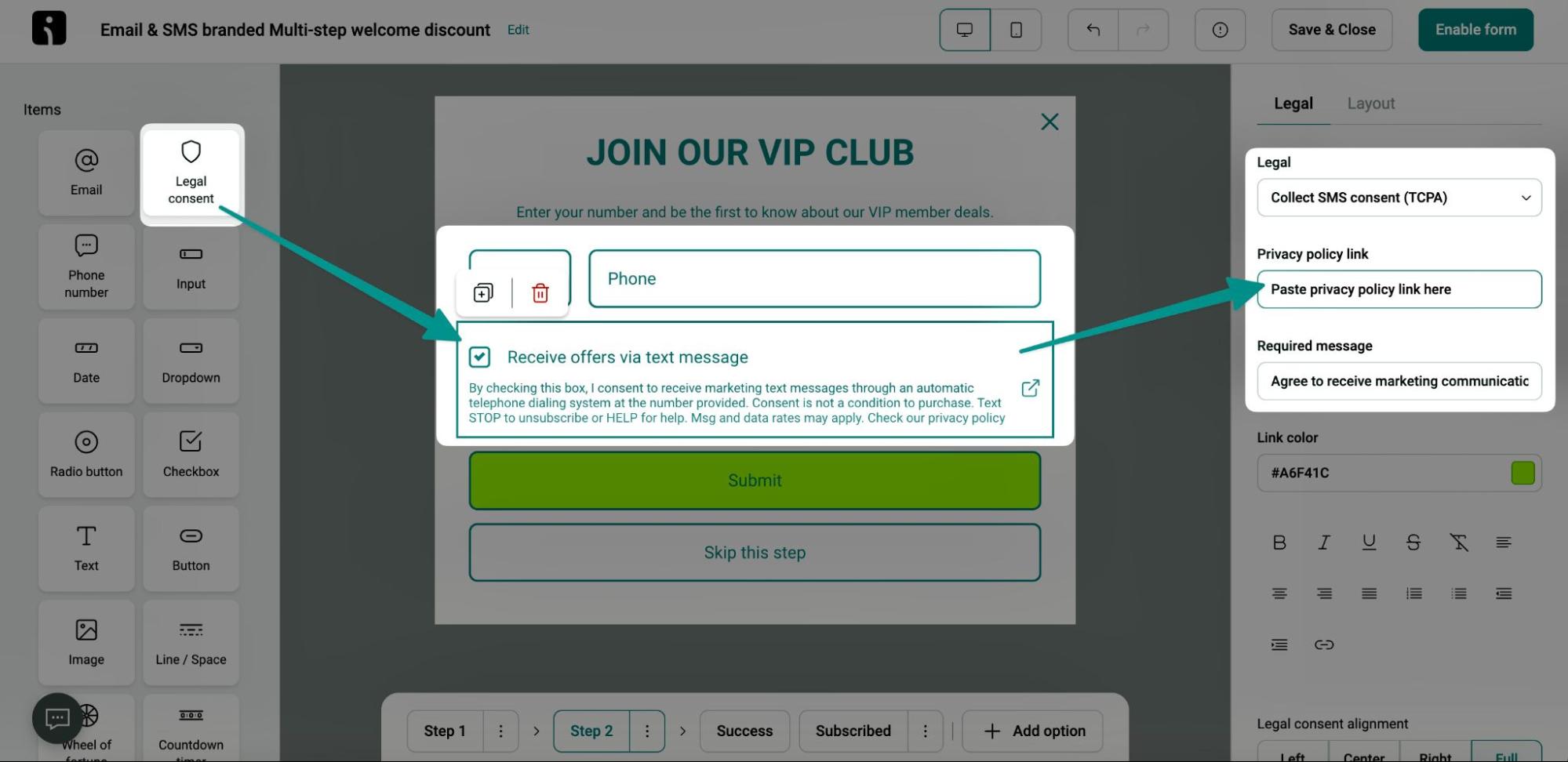 SMS regulations: A sign-up form on a website for joining a VIP club asks for a phone number and consent to receive offers via text message. Two tooltips explain Legal consent and Privacy policy link.