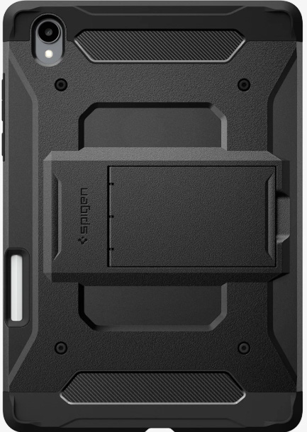 Most profitable products to sell online: A rugged black Spigen tablet case with reinforced corners, textured surface, and a built-in kickstand is shown from the back. The camera is visible in the top left corner.