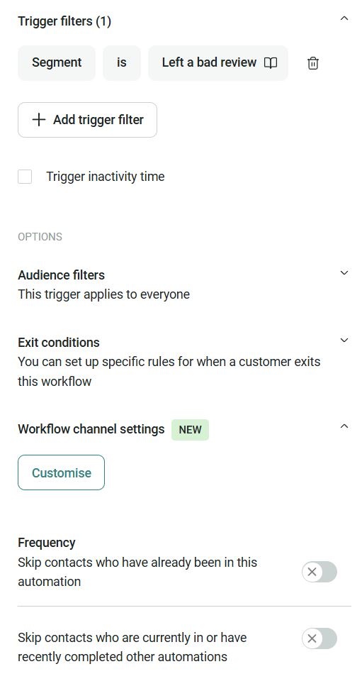 A settings menu displays trigger filters, audience filters, exit conditions, workflow channel settings, and frequency options for managing customer automation processes. Some options are selected or customized.