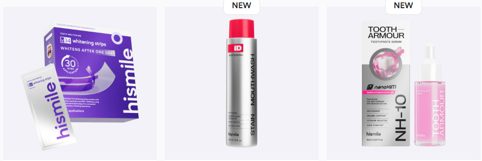 Most profitable products to sell online: Three dental care products: Hismile whitening strips in a purple box, iD stain mouthwash in a silver and pink bottle, and NH-10 tooth armour serum with a dropper bottle and packaging. All are labeled NEW.