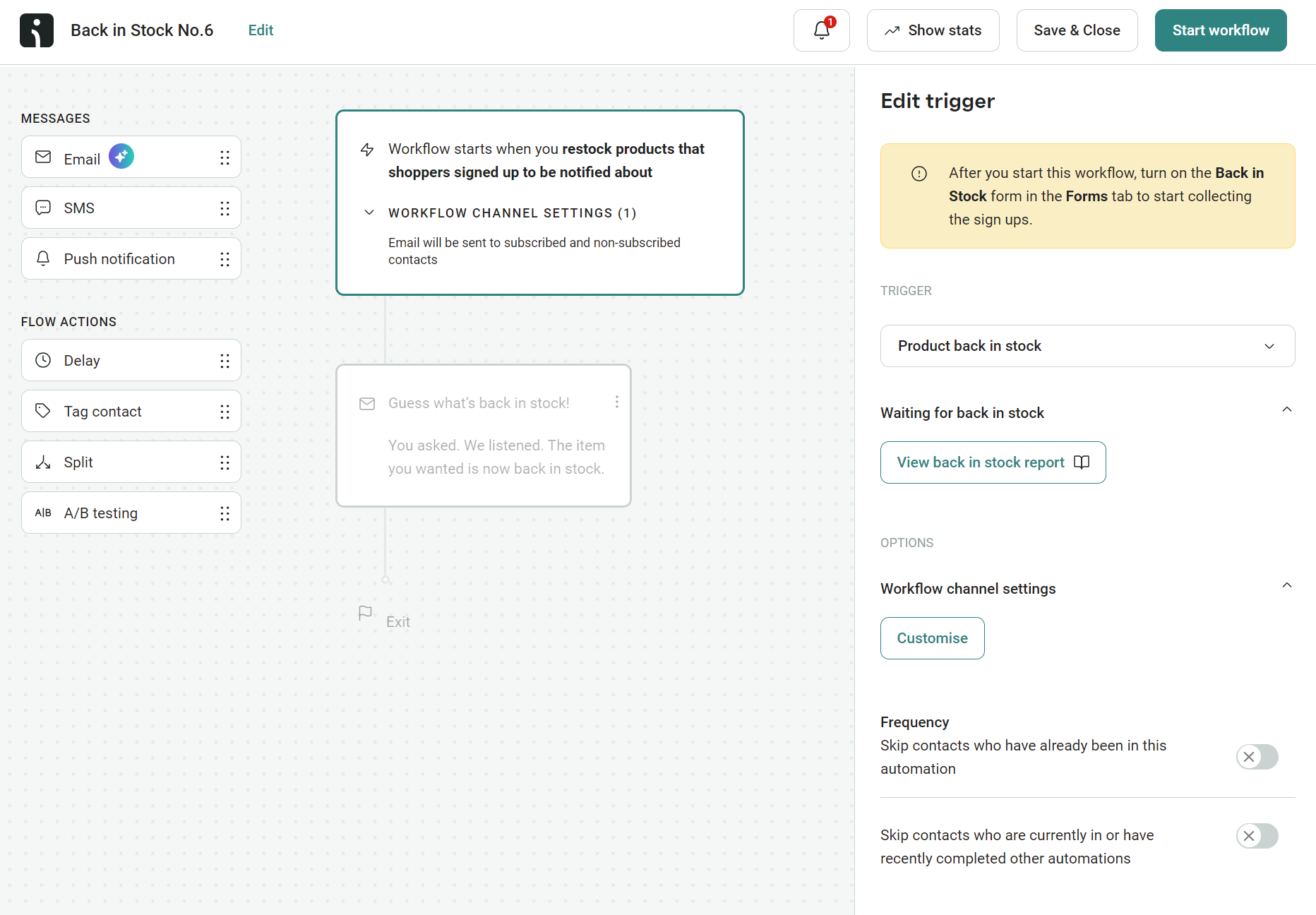 Email automation triggers: A workflow setup screen for a Back in Stock notification in an automation platform, showing message types (email, SMS, push), trigger settings, and an editing panel on the right side for customization.