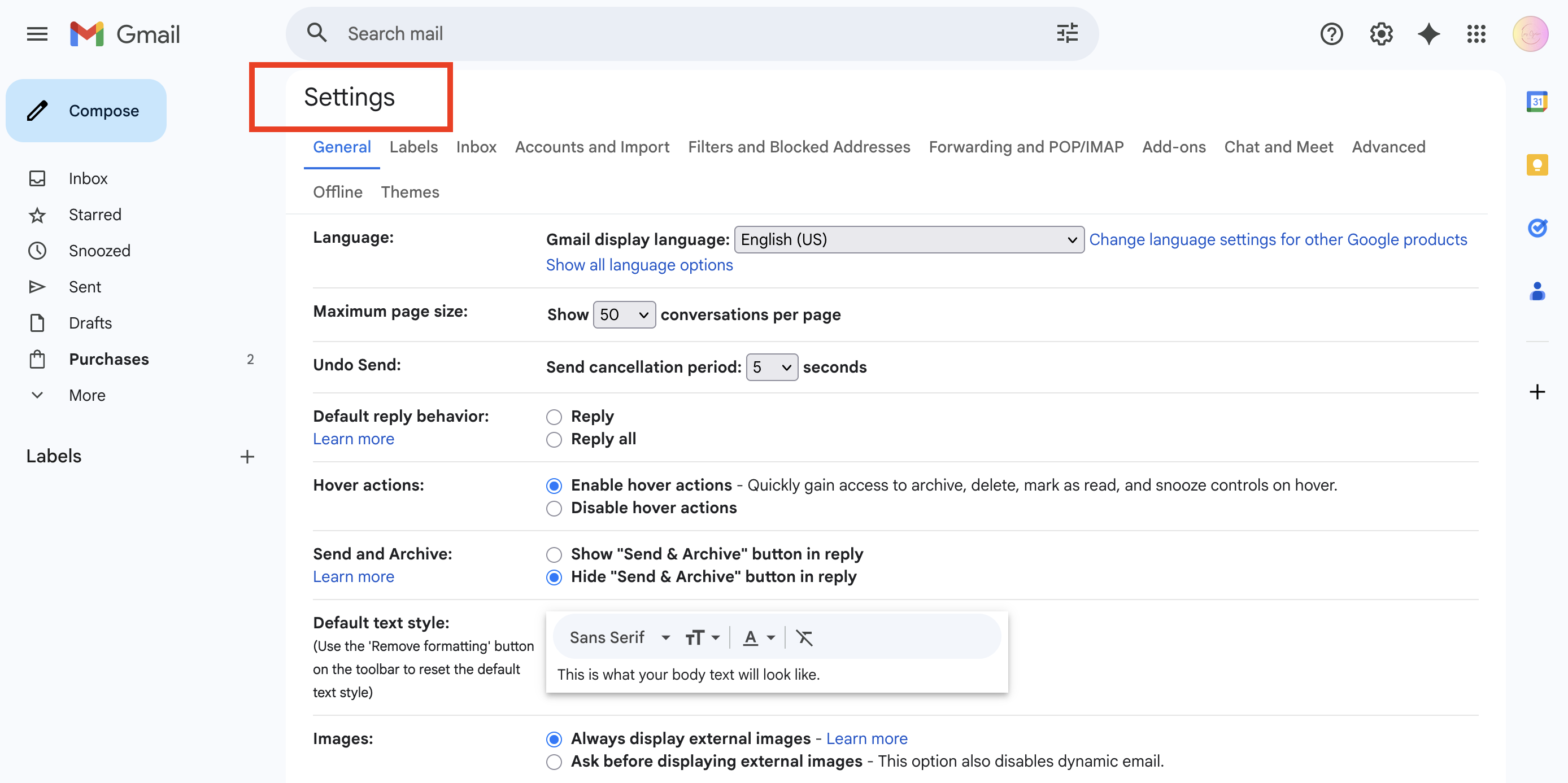 How to whitelist an email address: Screenshot of the Gmail settings page, with the Settings heading highlighted in red. Various options for language, maximum page size, reply behavior, and default text style are visible.