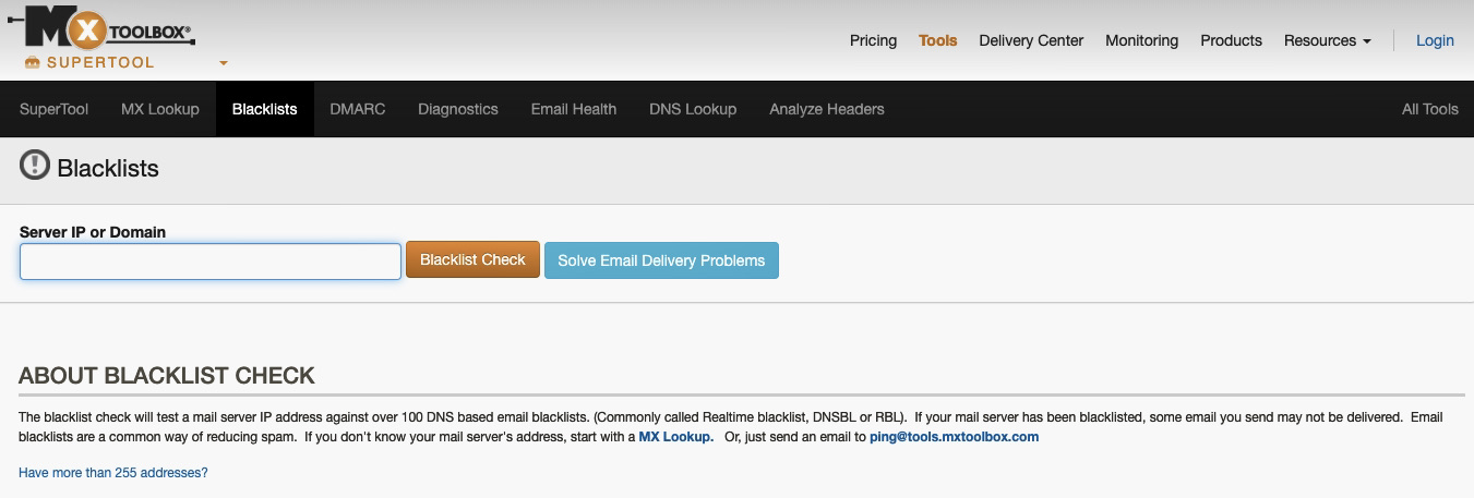WordPress emails going to spam: Screenshot of the MxToolbox Blacklist Check tool webpage, showing a search bar for entering a server IP or domain, buttons for Blacklist Check and solving email delivery problems, and a brief description of blacklist checks.