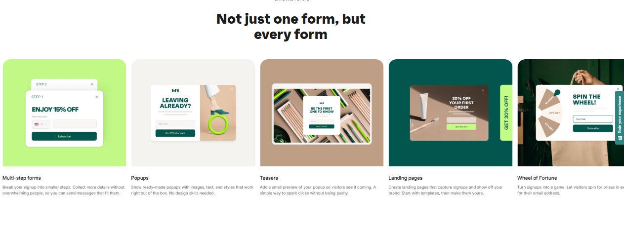 Email capture: A row of five example form designs, including a discount offer, an exit popup, a teaser, a landing page with a discount, and a Spin the Wheel prize form, each with distinct layouts and colors.