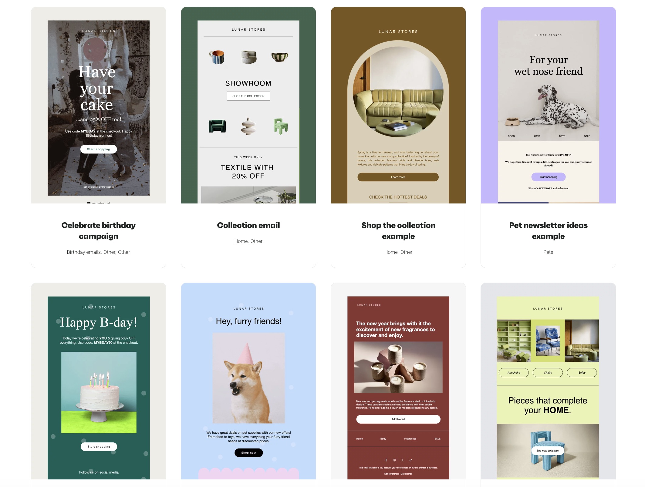 Newsletter design: A grid of nine colorful email newsletter templates, each featuring different designs such as cakes, pets, furniture, and sales promotions, with varied layouts and images for different campaign themes.