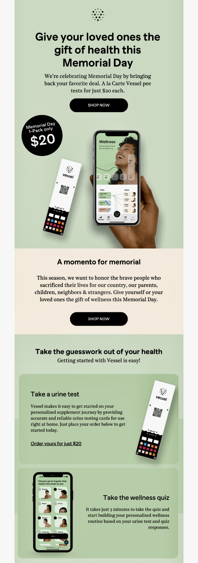 Memorial Day subject lines: An email ad features a Memorial Day promotion for Vessel health test kits. It shows a price tag, a phone displaying results, the test kit, and text detailing the offer, with sections on gifting, using the kit, and wellness tips.