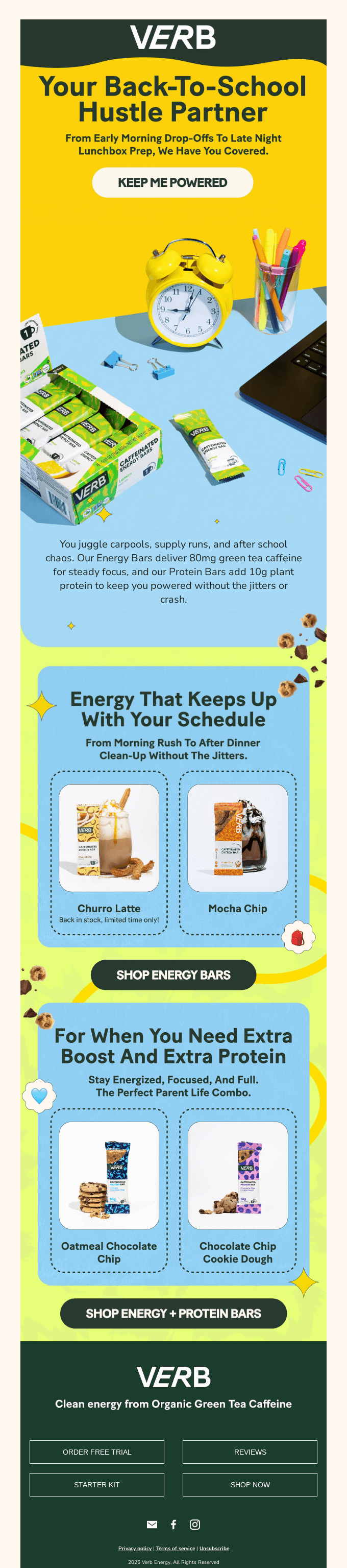 Email CTA: Colorful back-to-school themed ad for Verb energy and protein bars. Shows product images, benefits, stationery, alarm clock, and info about bars with green tea caffeine. Includes buttons to shop energy bars and protein bars.