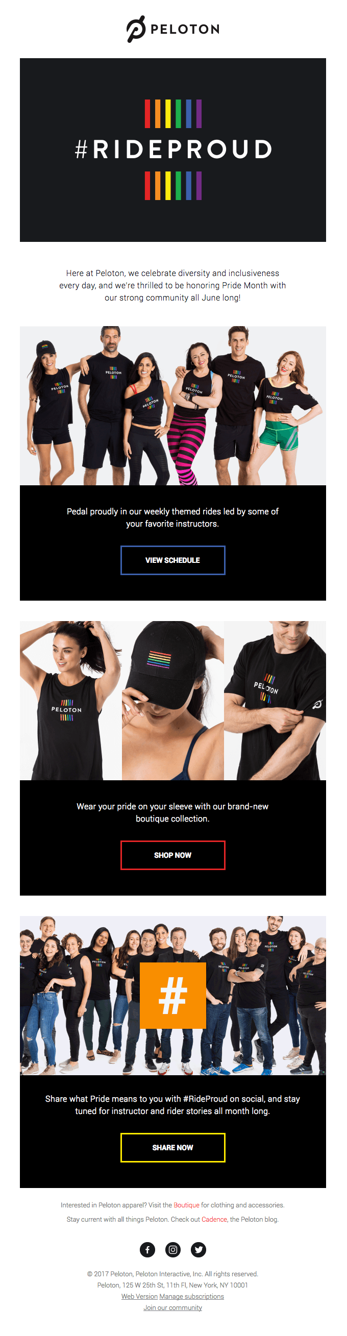 Pride Month email: A Peloton #RideProud promotional email featuring diverse people in Peloton Pride-themed apparel, promoting inclusivity and offering a new Pride collection with rainbow designs. Social media icons and hashtags are at the bottom.