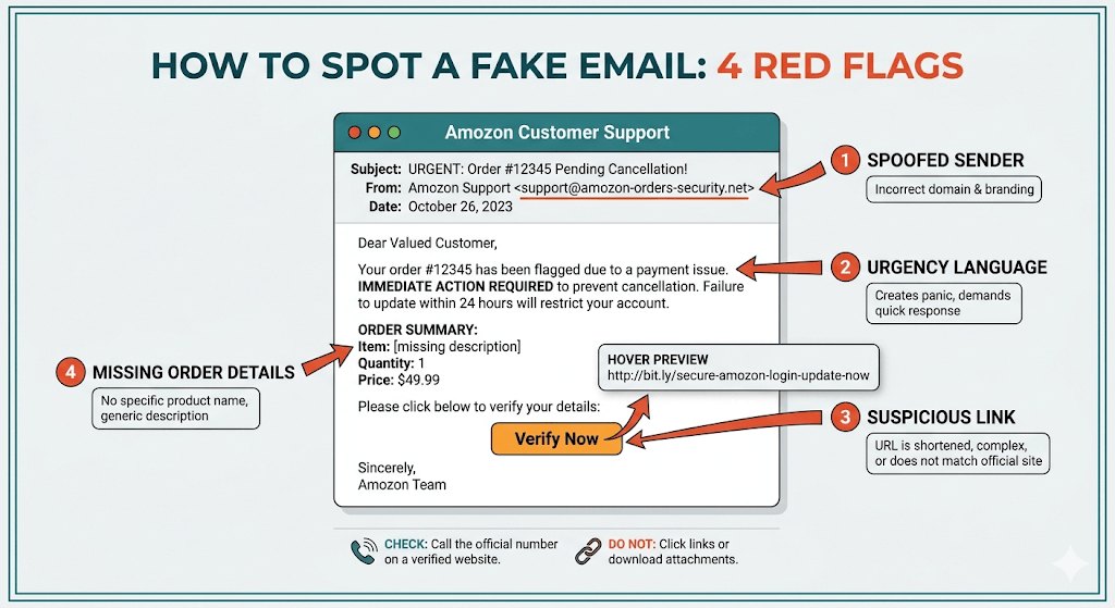 Key red flags in a fake order confirmation email