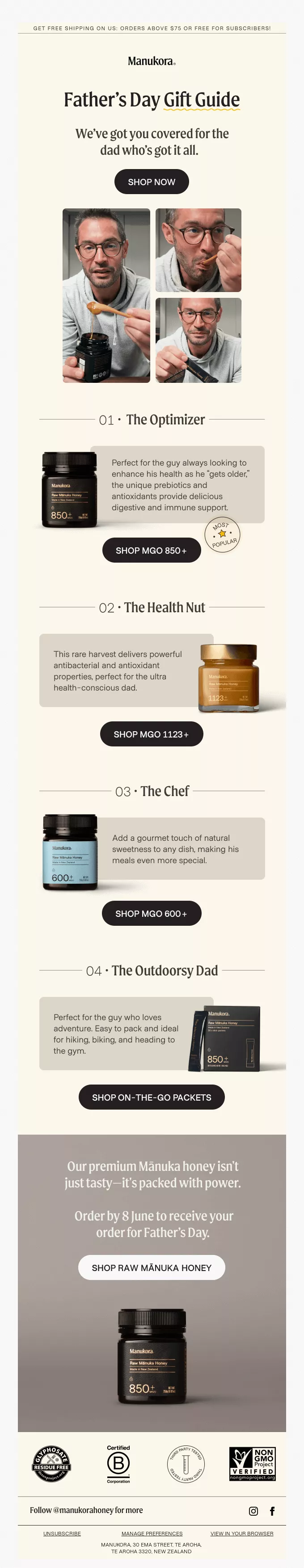June newsletter ideas: Father’s Day gift guide featuring four types of dads—The Optimizer, The Health Nut, The Chef, and The Outdoorsy Dad—with recommended supplements for each and images of men using the products.