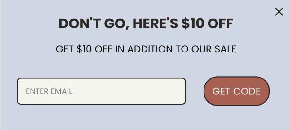 Email capture: Popup offering $10 off with text fields to enter an email and a brown Get Code button. The message says $10 off in addition to our sale and Dont go, heres $10 off.