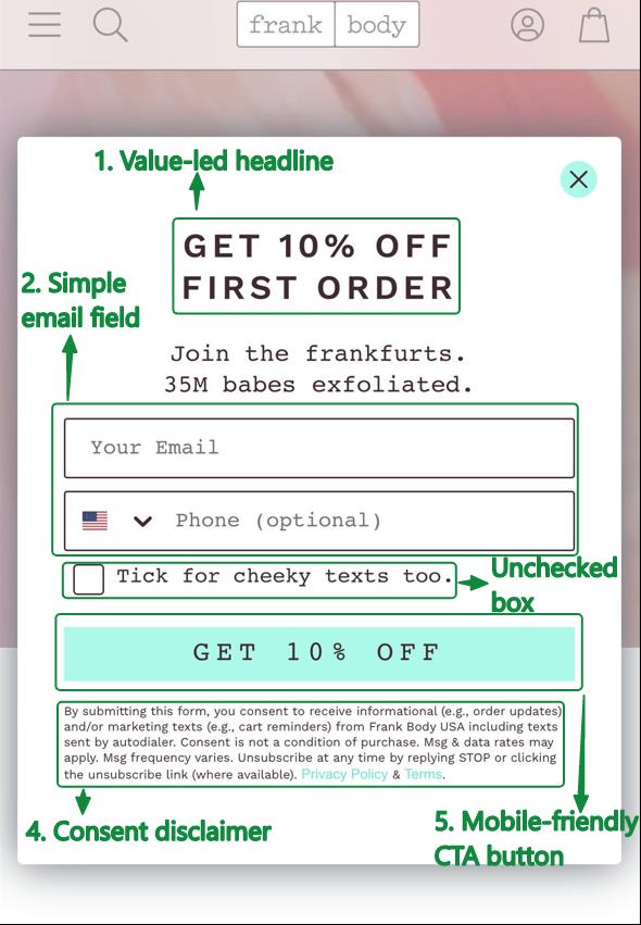 Opt-in email: A pop-up sign-up form offers 10% off a first order, with fields for email and phone, an unchecked box for texts, a green GET 10% OFF button, and a disclaimer about consent and privacy below.