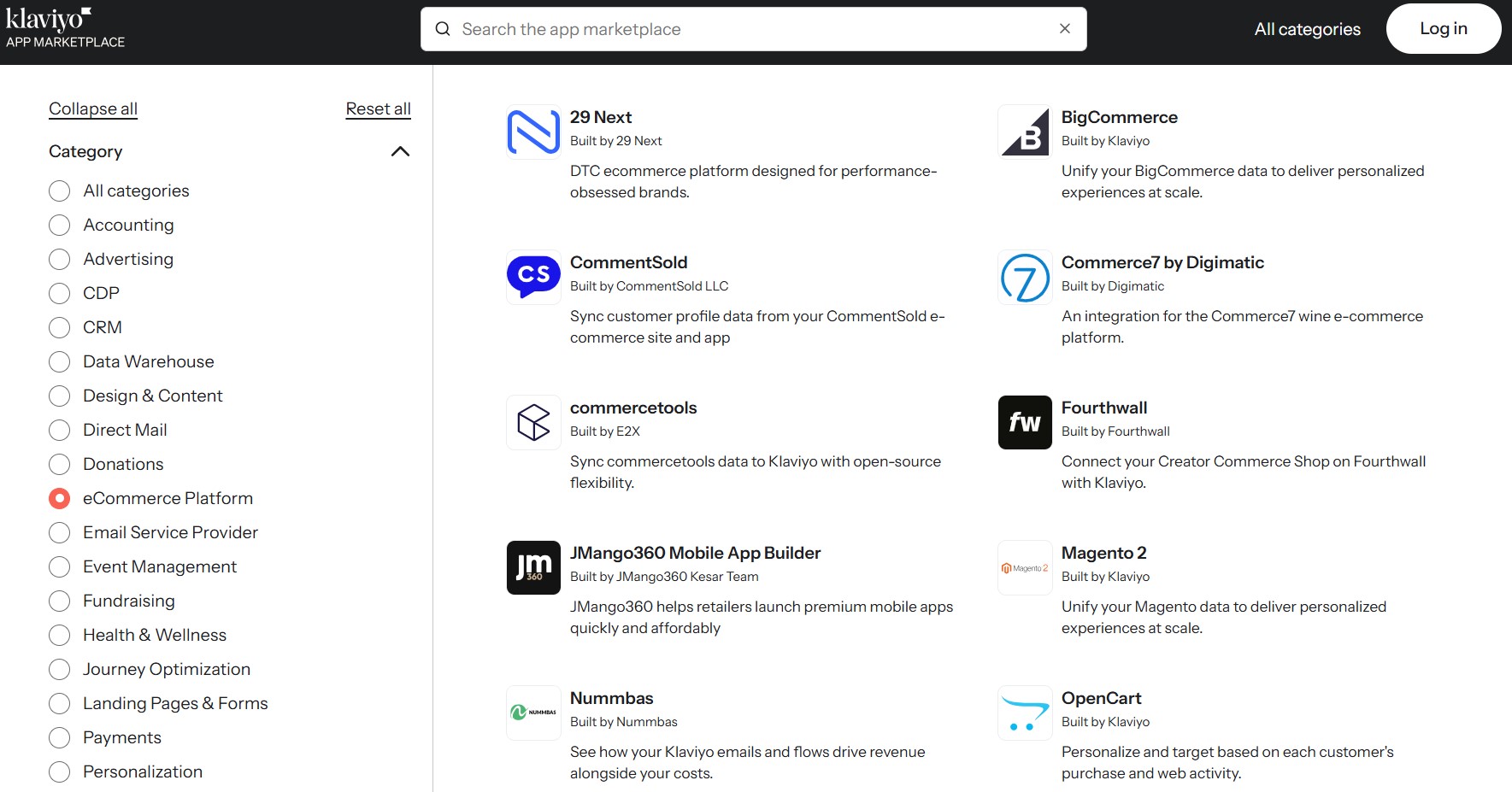 Klaviyo review pricing features: Screenshot of the Klaviyo app marketplace showing a search bar, category filter menu on the left, and a list of e-commerce app integrations such as BigCommerce, CommentSold, commercetools, Fourthwall, and Magento 2 on the right.