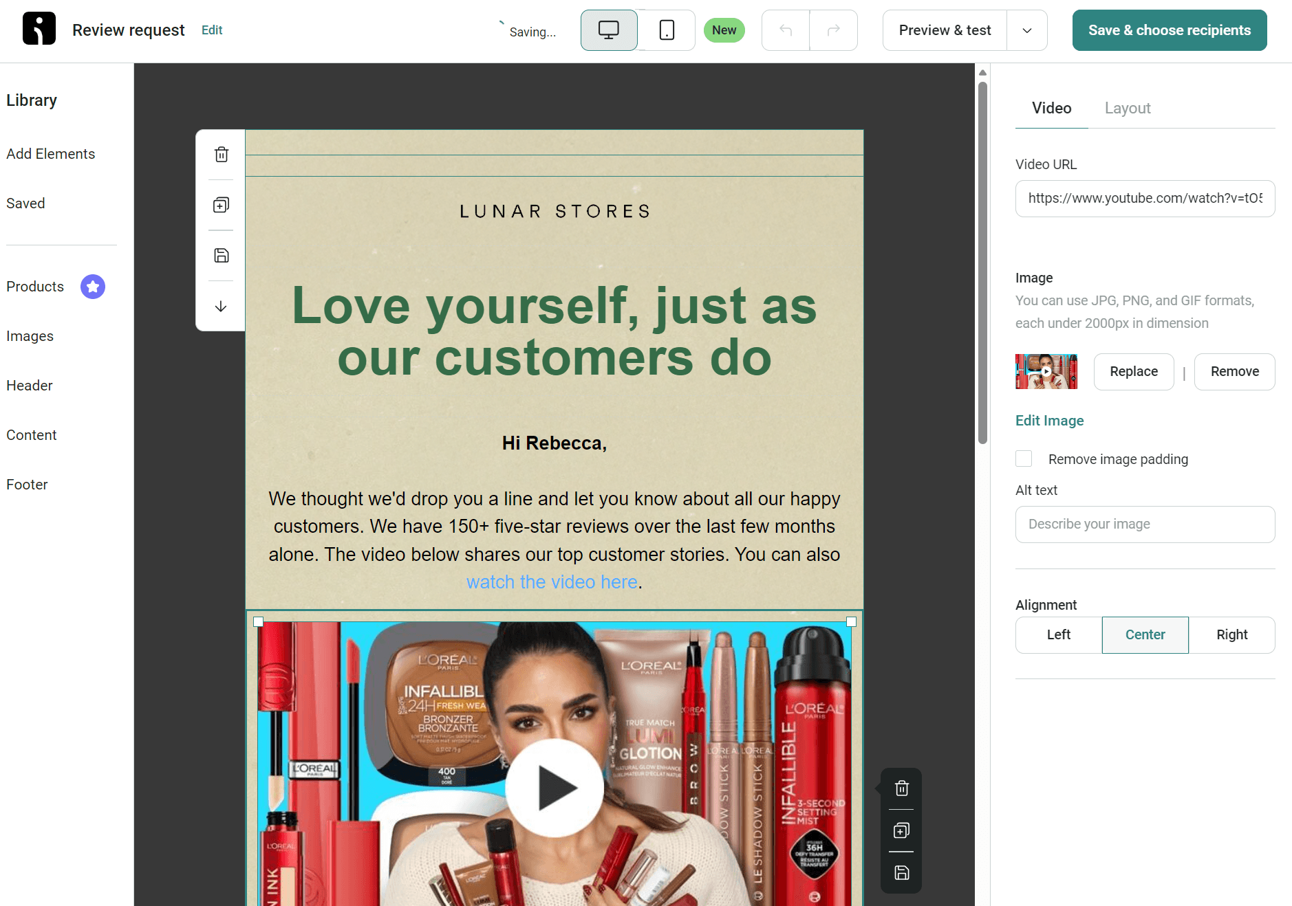 Video email marketing: A computer screen displays an email editor with a beauty newsletter draft. The email features makeup products, a woman holding lipsticks, the text “Love yourself, just as our customers do,” and video play button.